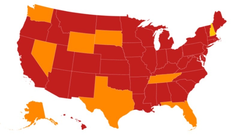 Map of the USA highlighting the 9 states with no income tax - ultima markets